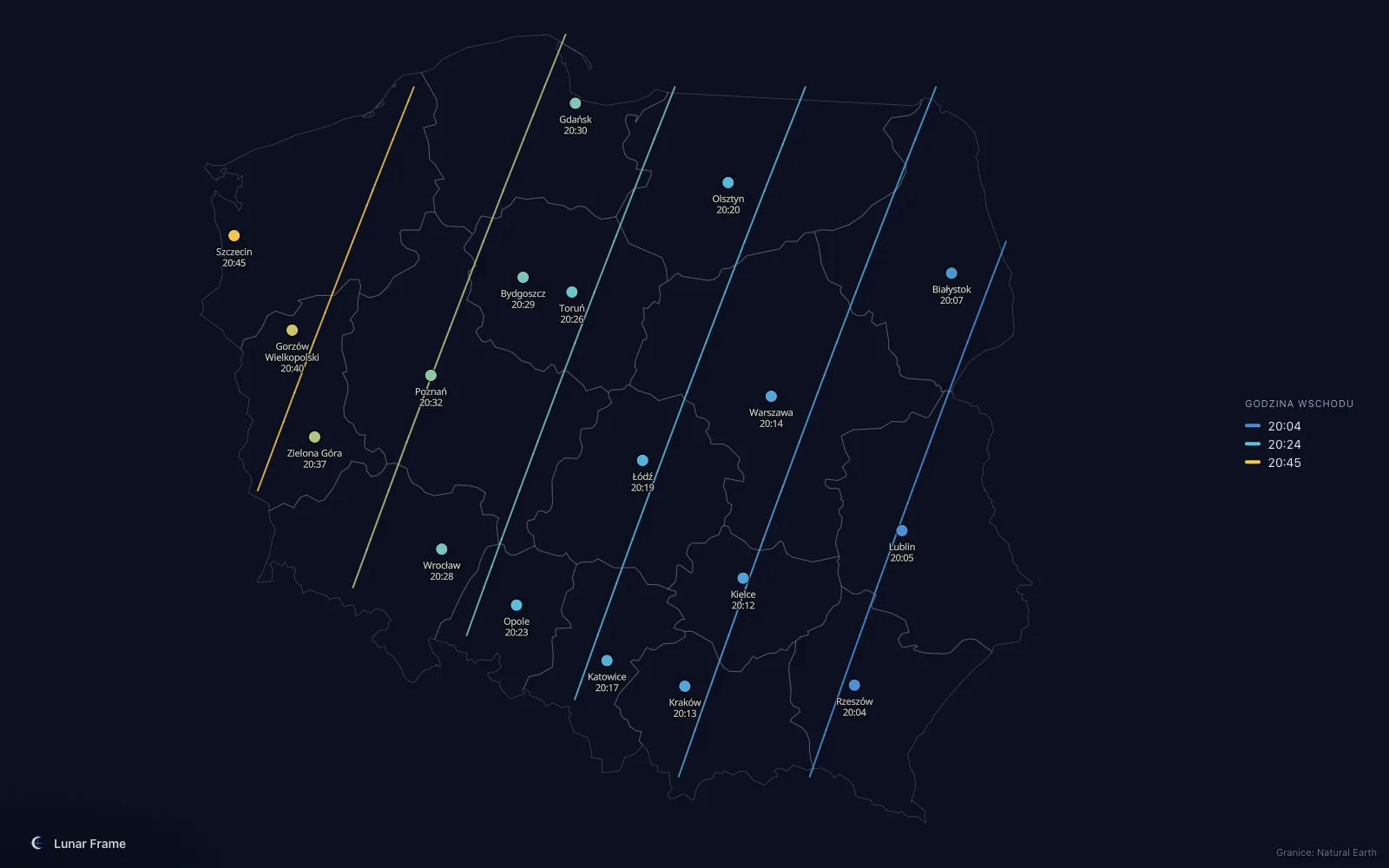 Mapa godzin wschodu Księżyca nad Polską: Pełnia Księżyca 30 marca 2029