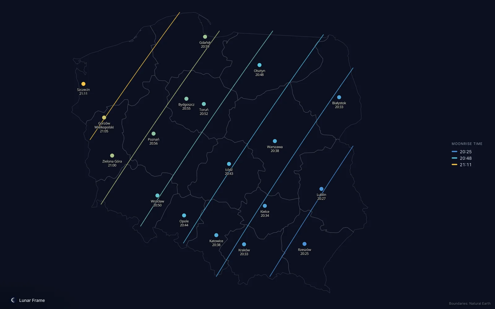 Map of moonrise times over Poland: Full moon on 28 April 2029