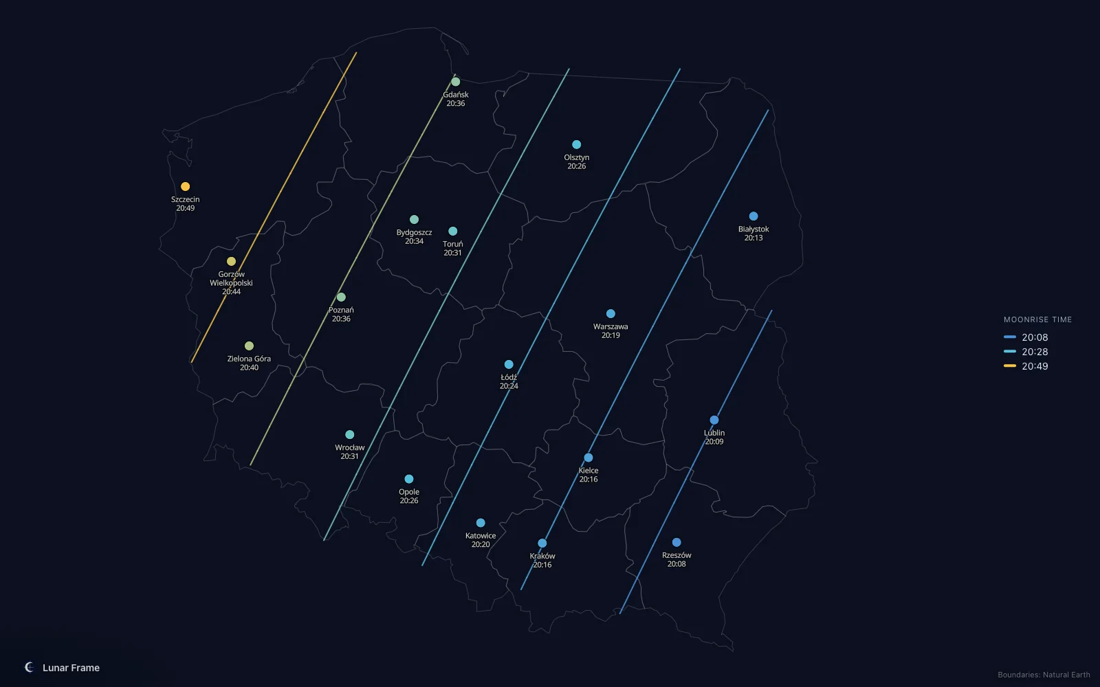 Map of moonrise times over Poland: Full moon on 25 July 2029