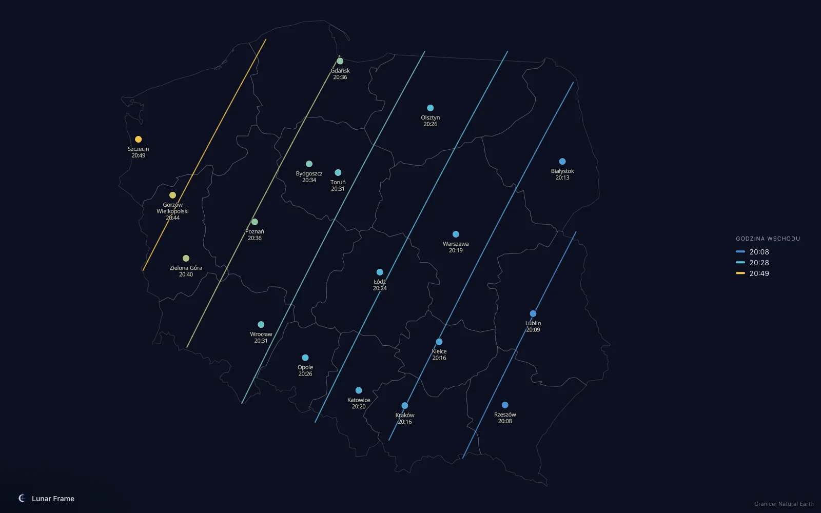 Mapa godzin wschodu Księżyca nad Polską: Pełnia Księżyca 25 lipca 2029