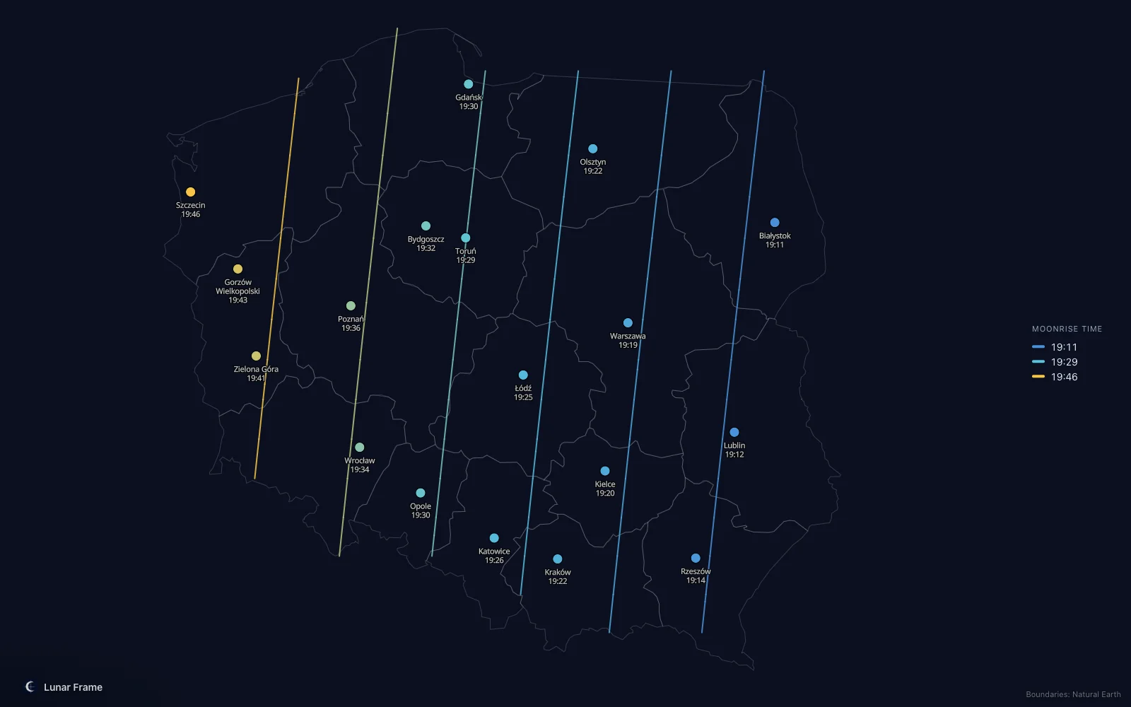 Map of moonrise times over Poland: Full moon on 24 August 2029