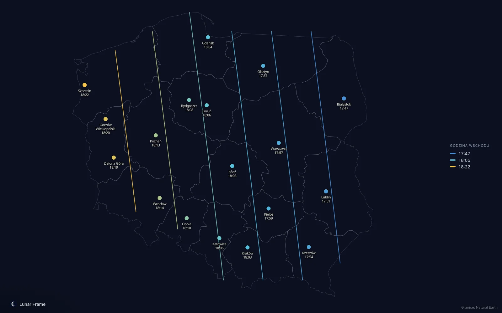 Mapa godzin wschodu Księżyca nad Polską: Pełnia Księżyca 22 września 2029
