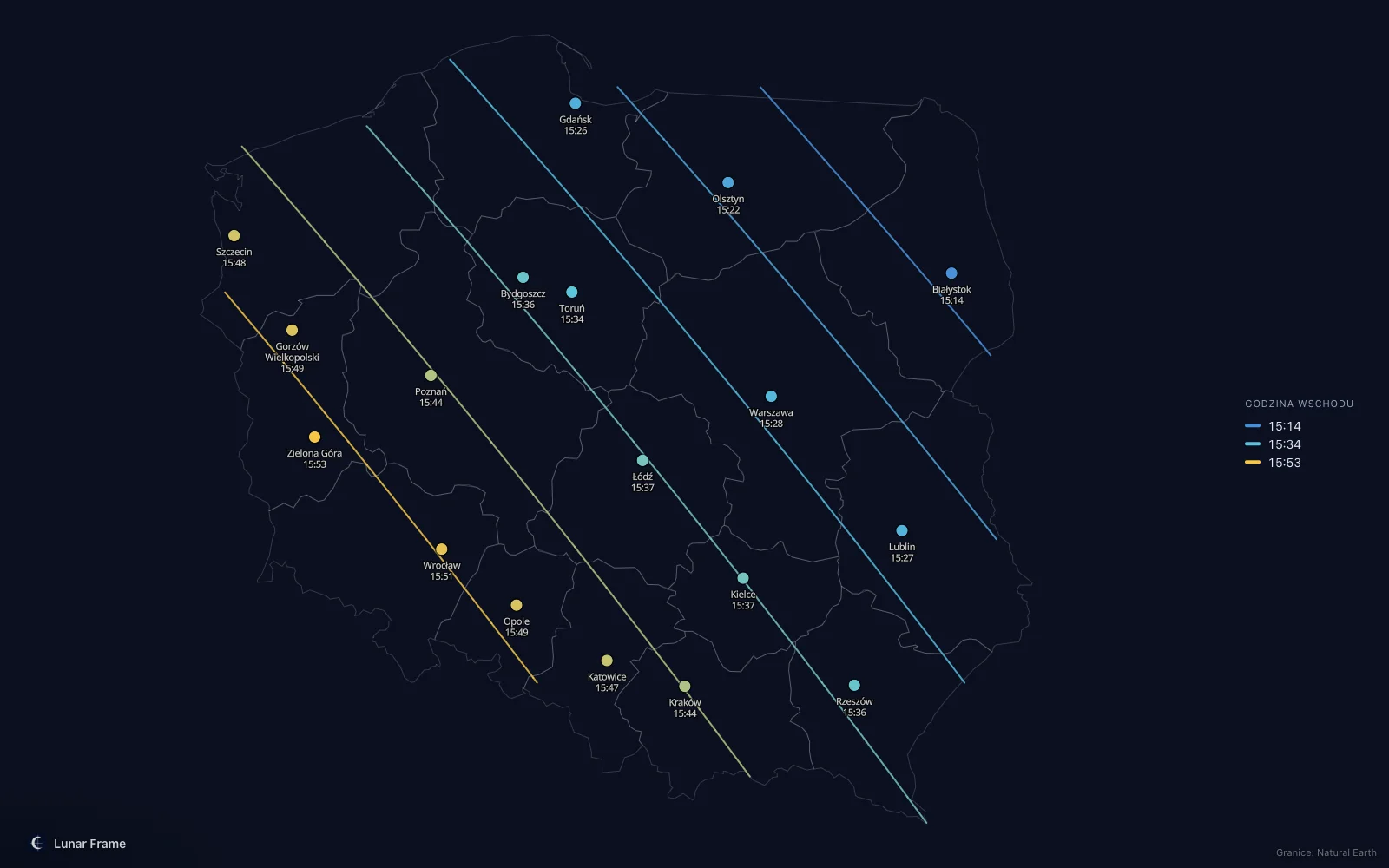 Mapa godzin wschodu Księżyca nad Polską: Pełnia Księżyca 21 listopada 2029