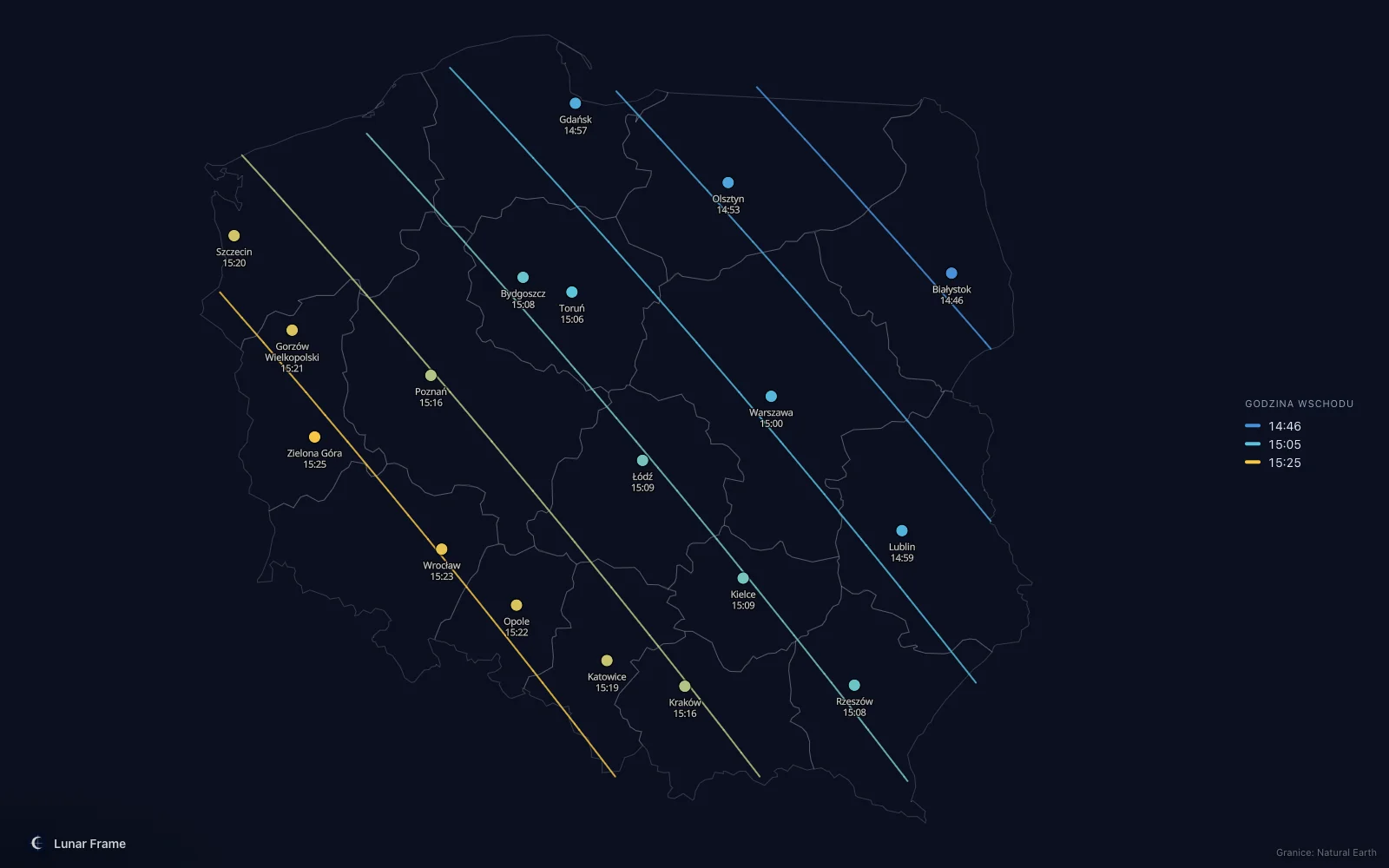 Mapa godzin wschodu Księżyca nad Polską: Pełnia Księżyca 20 grudnia 2029