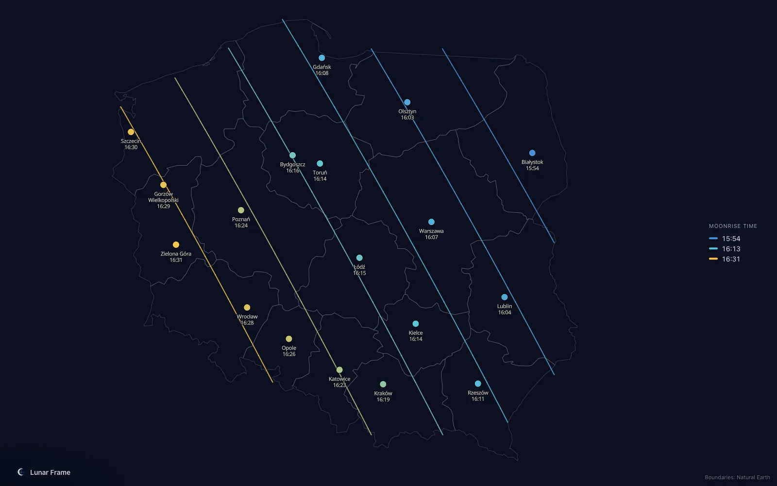 Map of moonrise times over Poland: Full moon on 19 January 2030