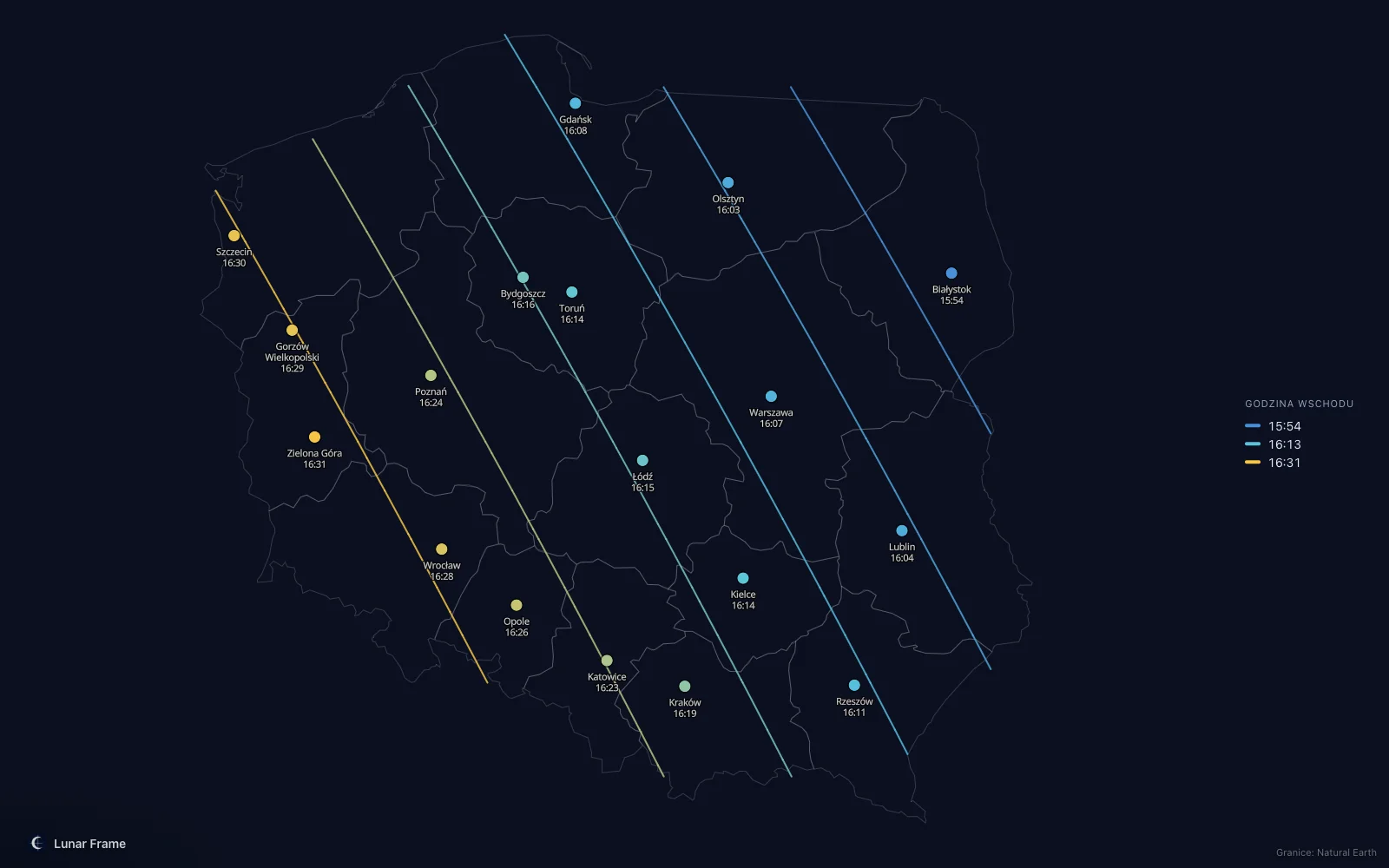 Mapa godzin wschodu Księżyca nad Polską: Pełnia Księżyca 19 stycznia 2030