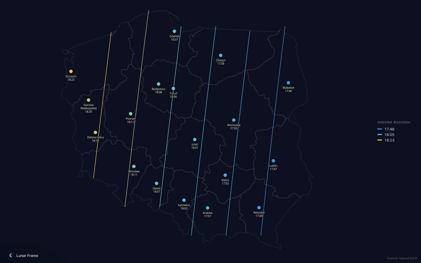 Mapa godzin wschodu Księżyca nad Polską: Pełnia Księżyca 19 marca 2030