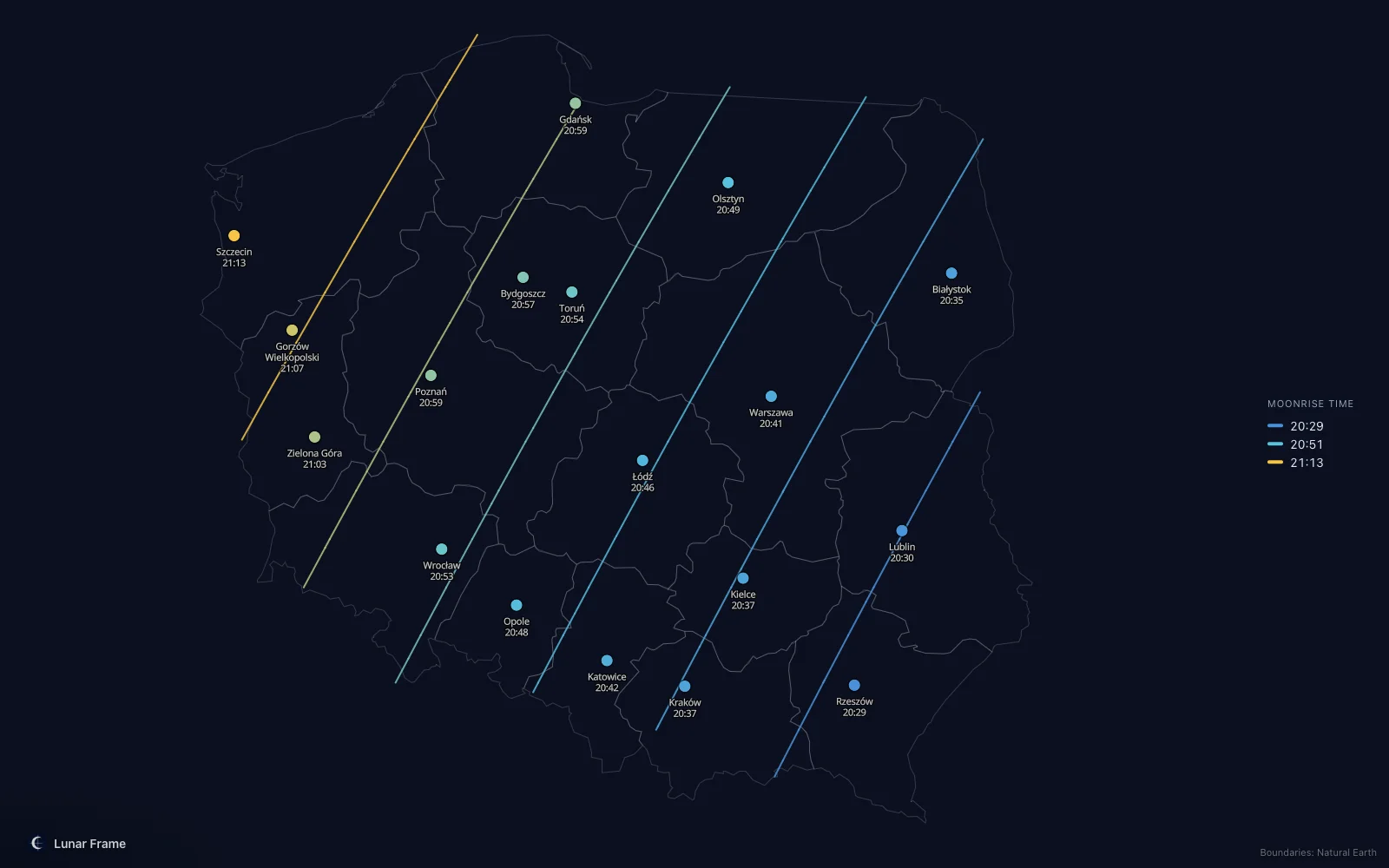 Map of moonrise times over Poland: Full moon on 18 April 2030