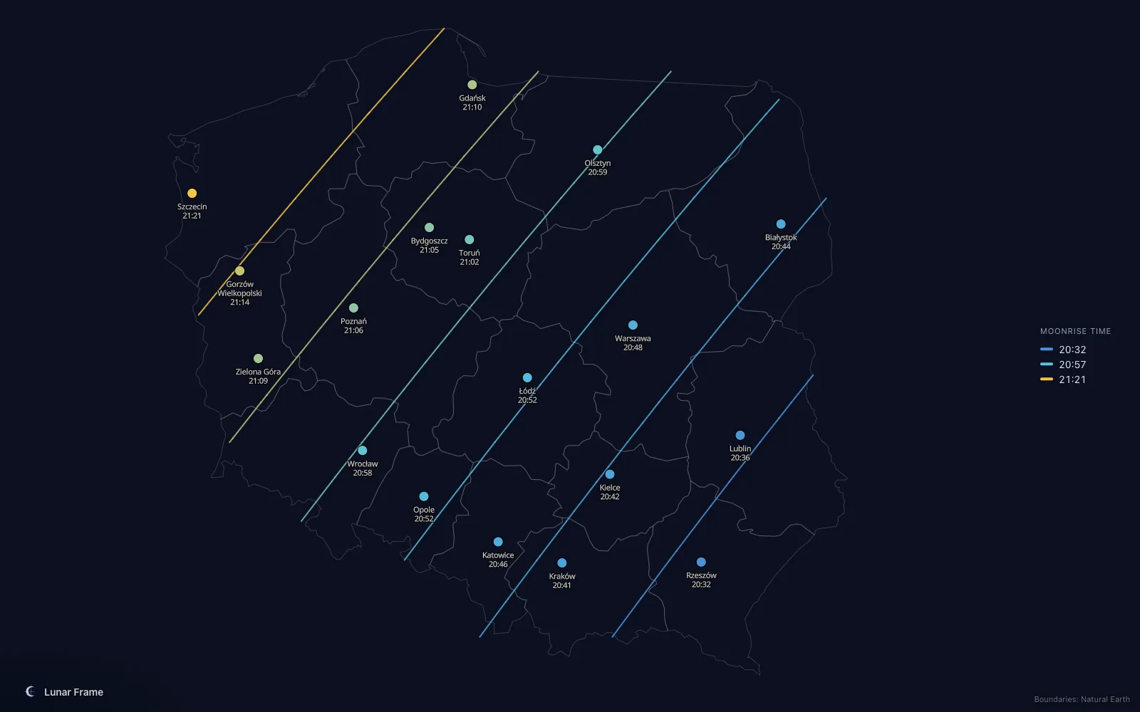 Map of moonrise times over Poland: Full moon on 15 June 2030