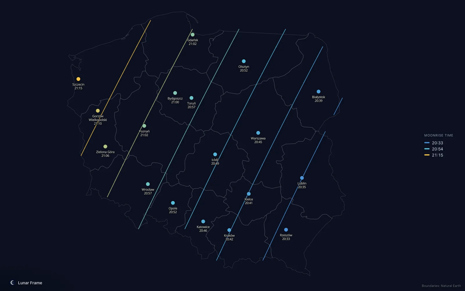 Map of moonrise times over Poland: Full moon on 15 July 2030