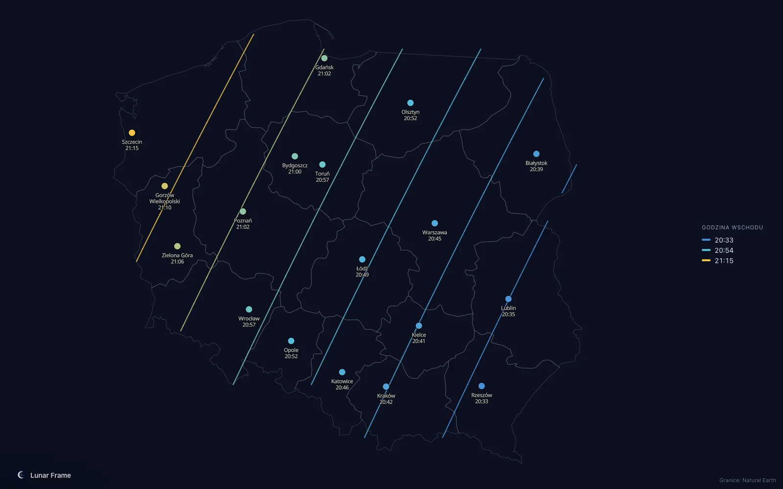Mapa godzin wschodu Księżyca nad Polską: Pełnia Księżyca 15 lipca 2030