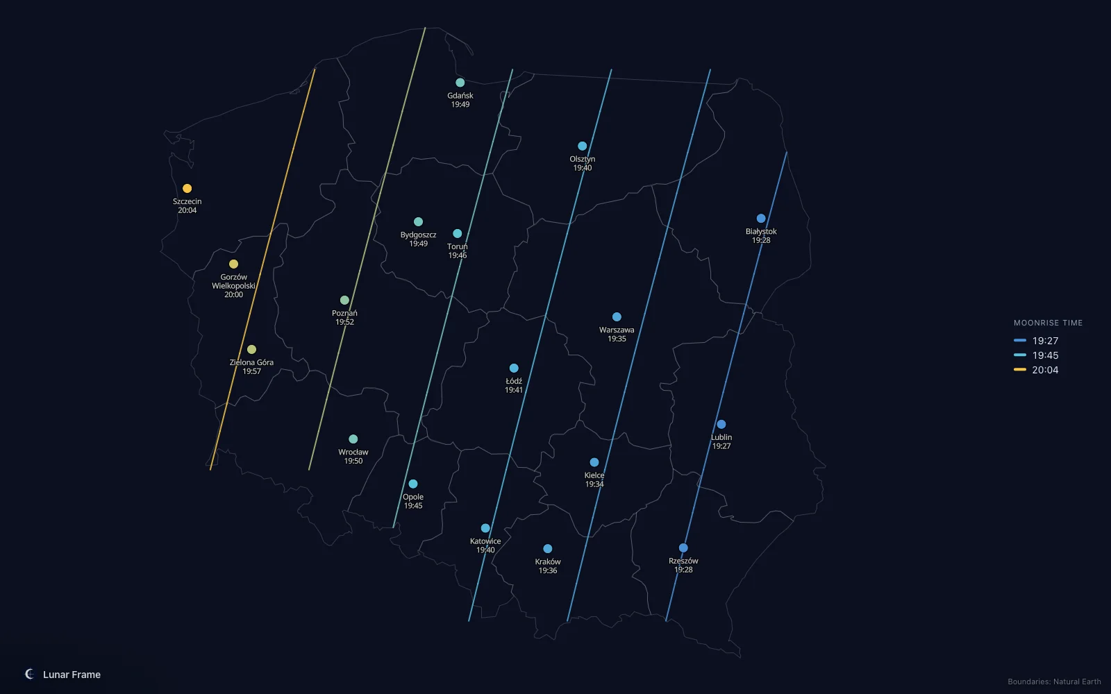 Map of moonrise times over Poland: Full moon on 13 August 2030