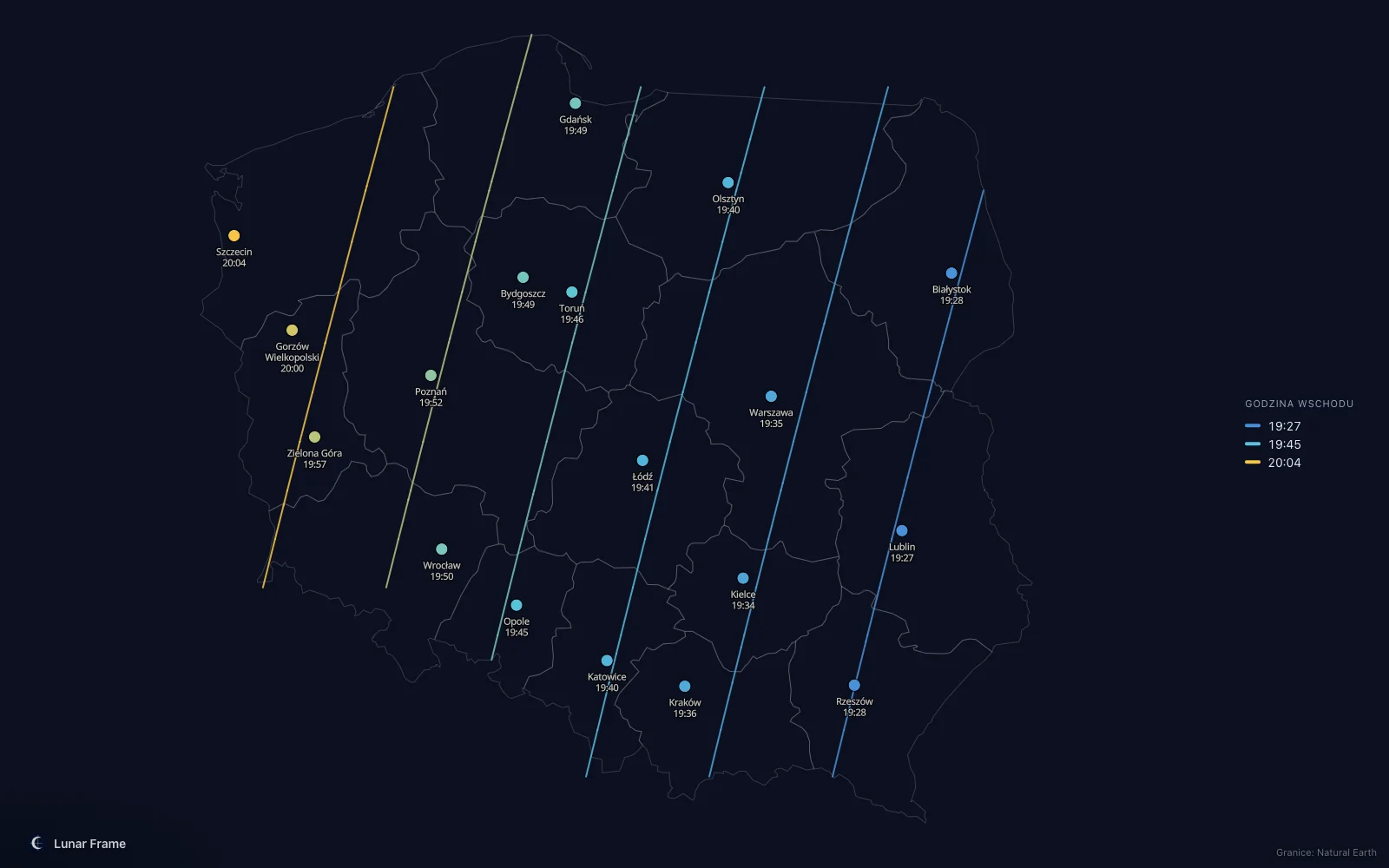 Mapa godzin wschodu Księżyca nad Polską: Pełnia Księżyca 13 sierpnia 2030
