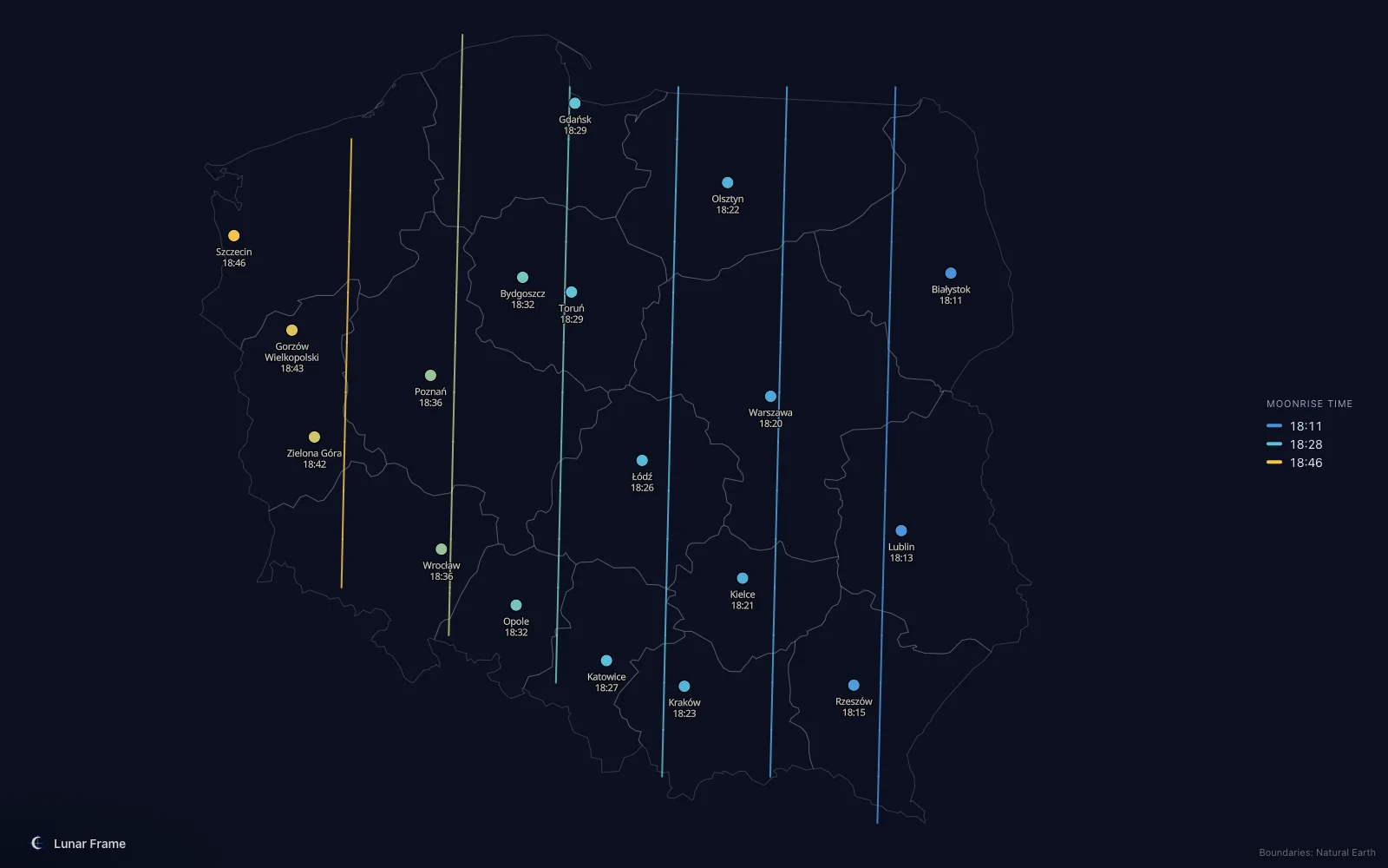Map of moonrise times over Poland: Full moon on 11 September 2030