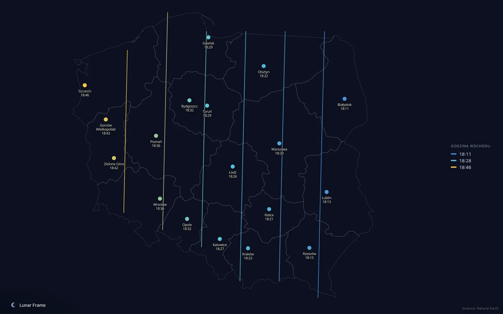 Mapa godzin wschodu Księżyca nad Polską: Pełnia Księżyca 11 września 2030