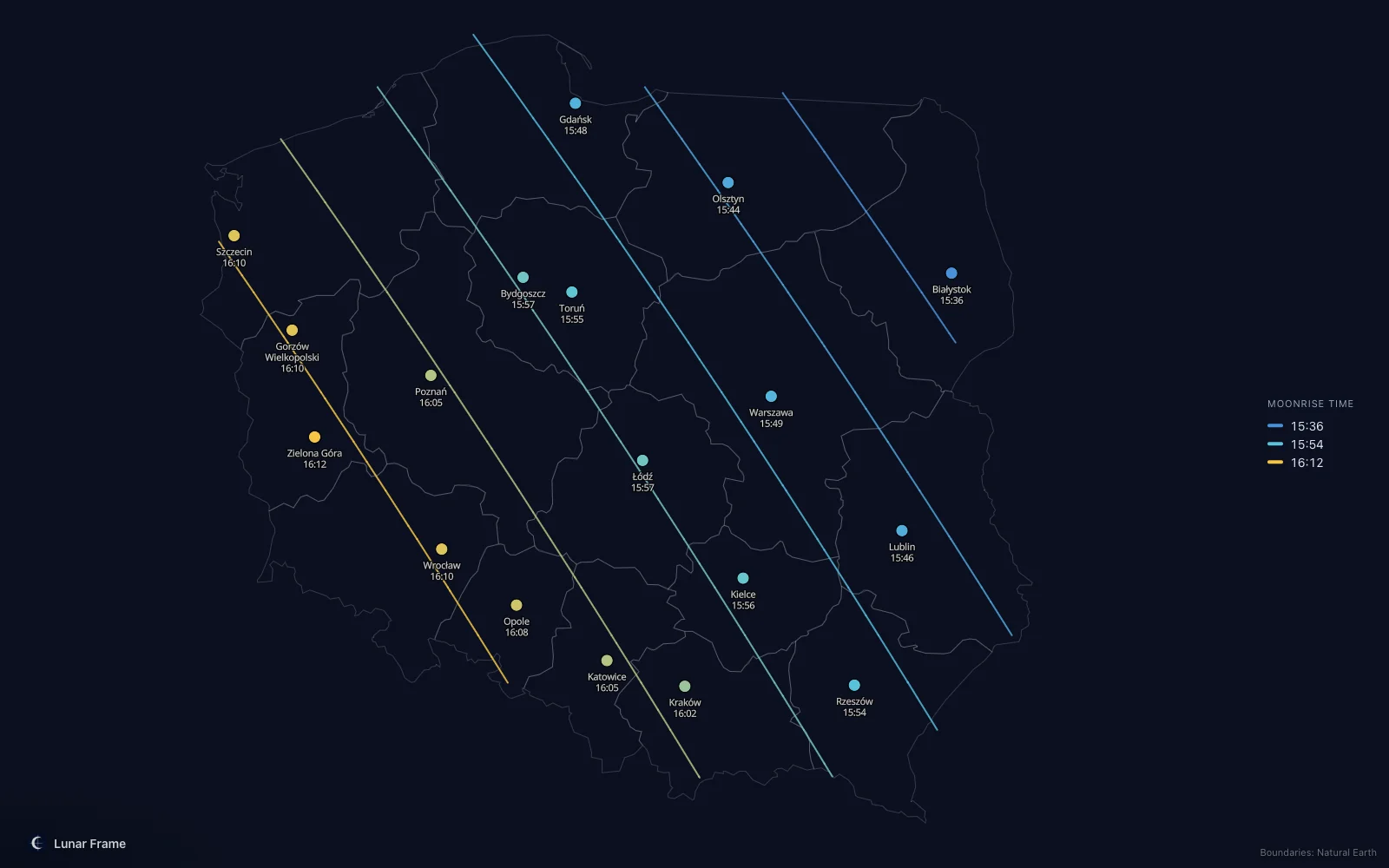 Map of moonrise times over Poland: Full moon on 10 November 2030
