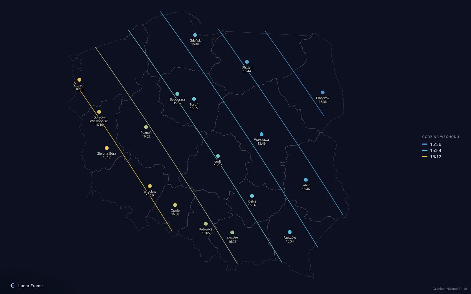 Mapa godzin wschodu Księżyca nad Polską: Pełnia Księżyca 10 listopada 2030