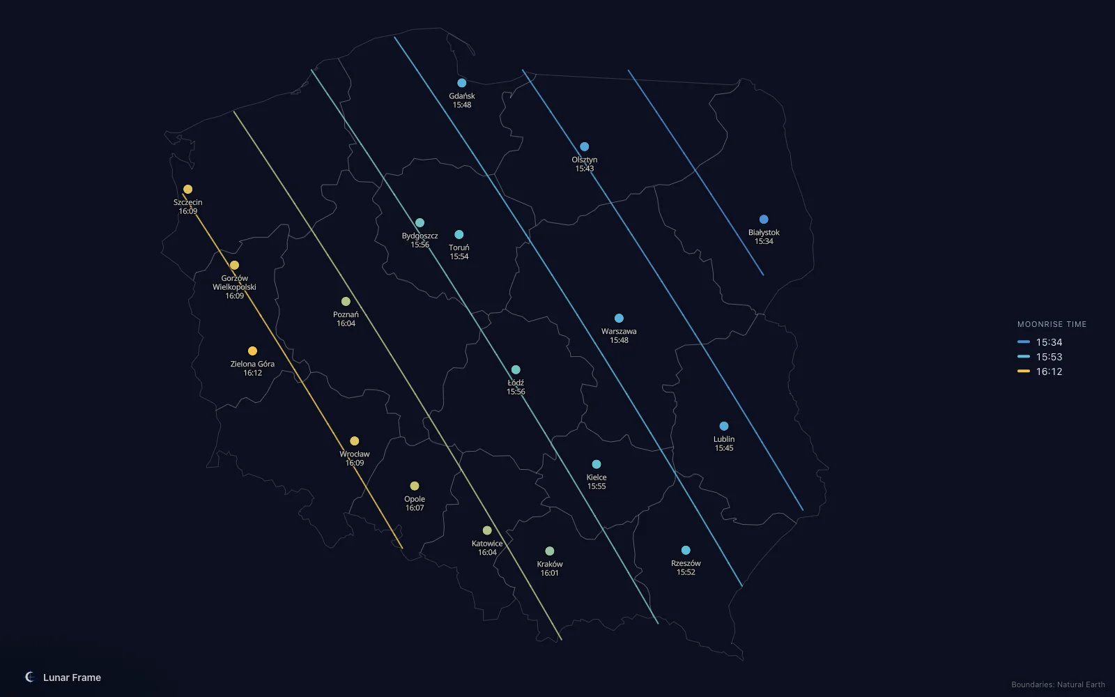 Map of moonrise times over Poland: Full moon on 8 January 2031