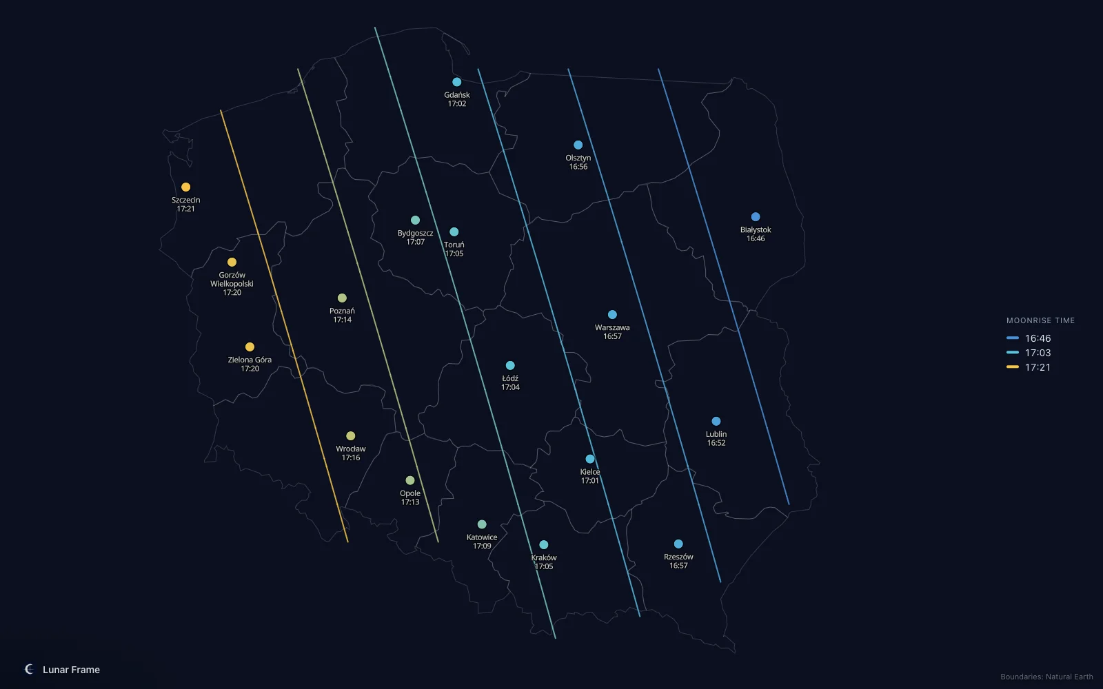 Map of moonrise times over Poland: Full moon on 7 February 2031