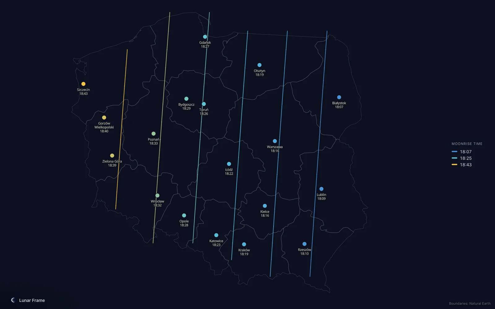 Map of moonrise times over Poland: Full moon on 9 March 2031