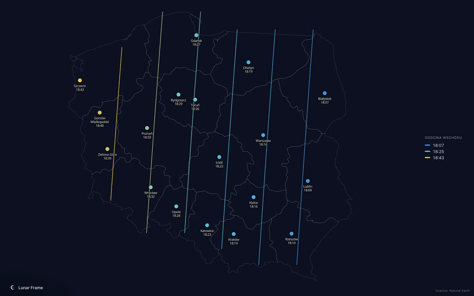 Mapa godzin wschodu Księżyca nad Polską: Pełnia Księżyca 9 marca 2031