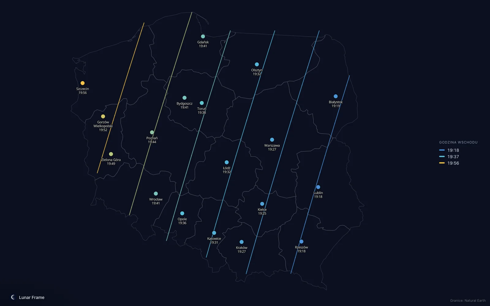 Mapa godzin wschodu Księżyca nad Polską: Pełnia Księżyca 7 kwietnia 2031