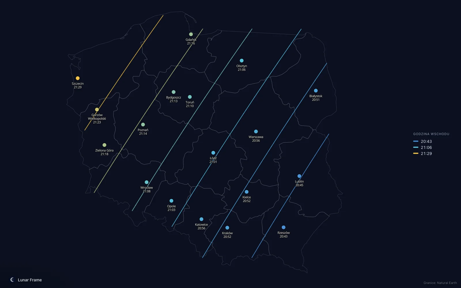 Mapa godzin wschodu Księżyca nad Polską: Pełnia Księżyca 7 maja 2031
