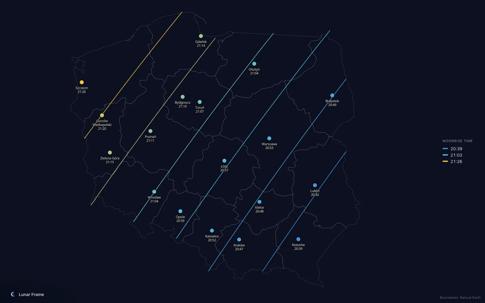 Map of moonrise times over Poland: Full moon on 5 June 2031