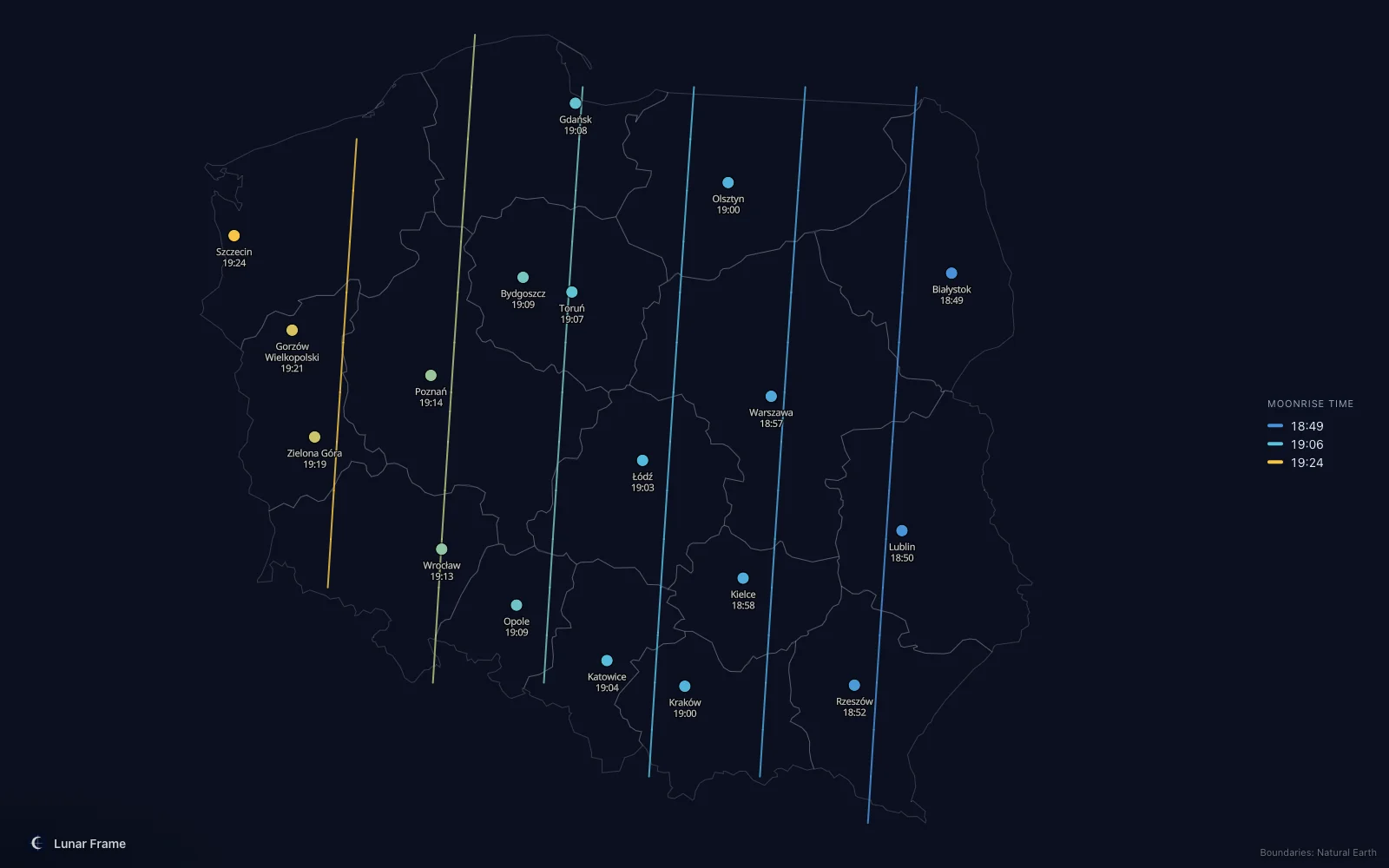 Map of moonrise times over Poland: Full moon on 1 September 2031