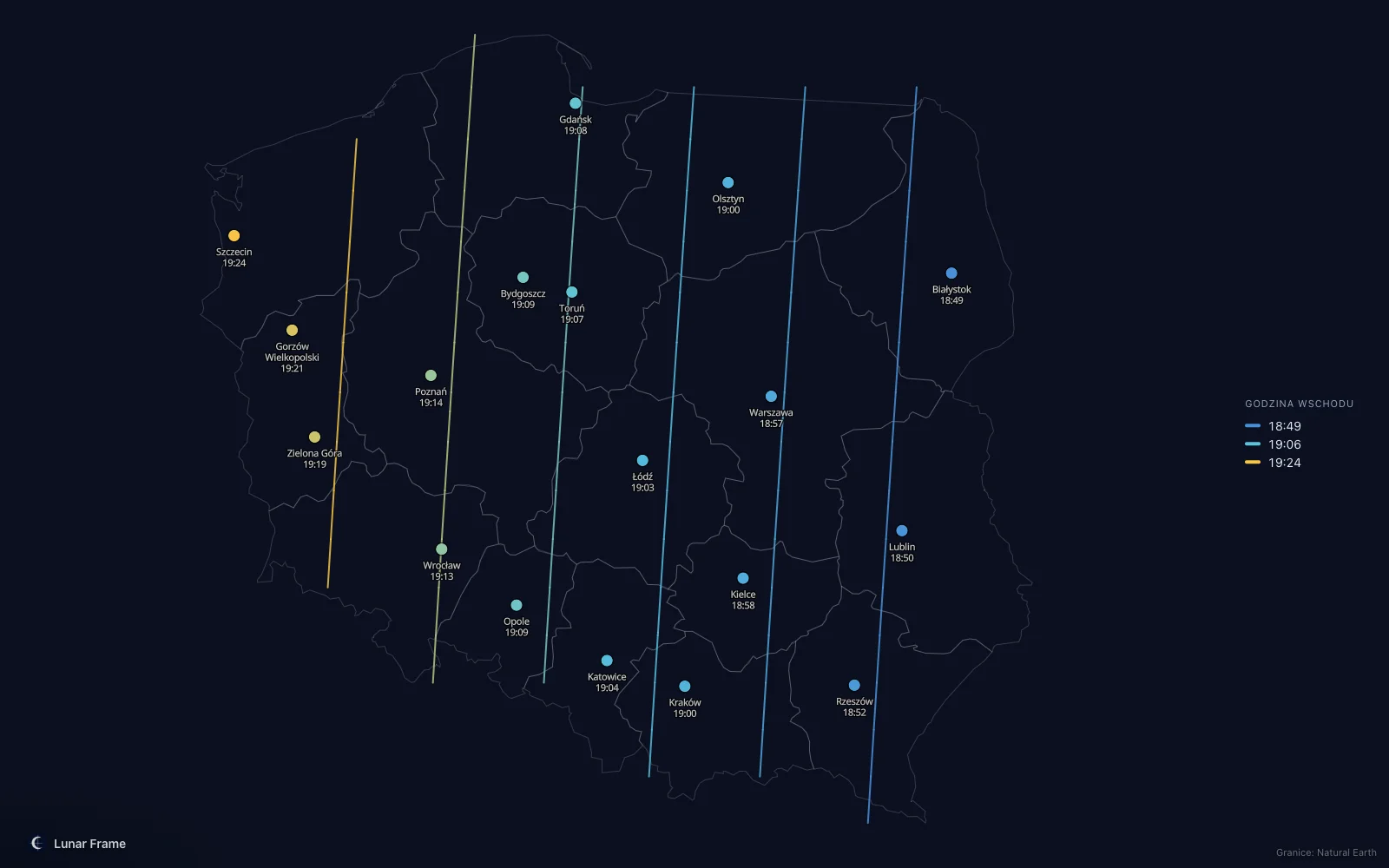 Mapa godzin wschodu Księżyca nad Polską: Pełnia Księżyca 1 września 2031