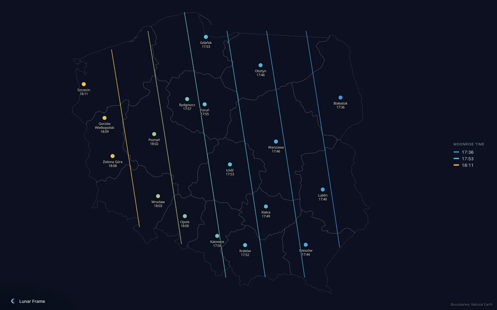 Map of moonrise times over Poland: Full moon on 30 September 2031