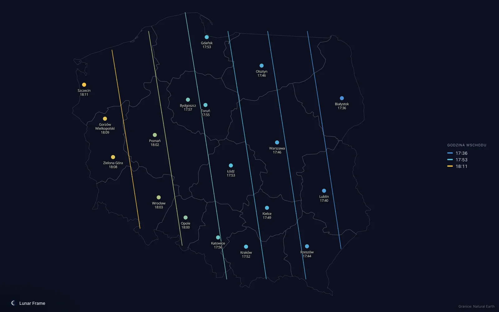 Mapa godzin wschodu Księżyca nad Polską: Pełnia Księżyca 30 września 2031