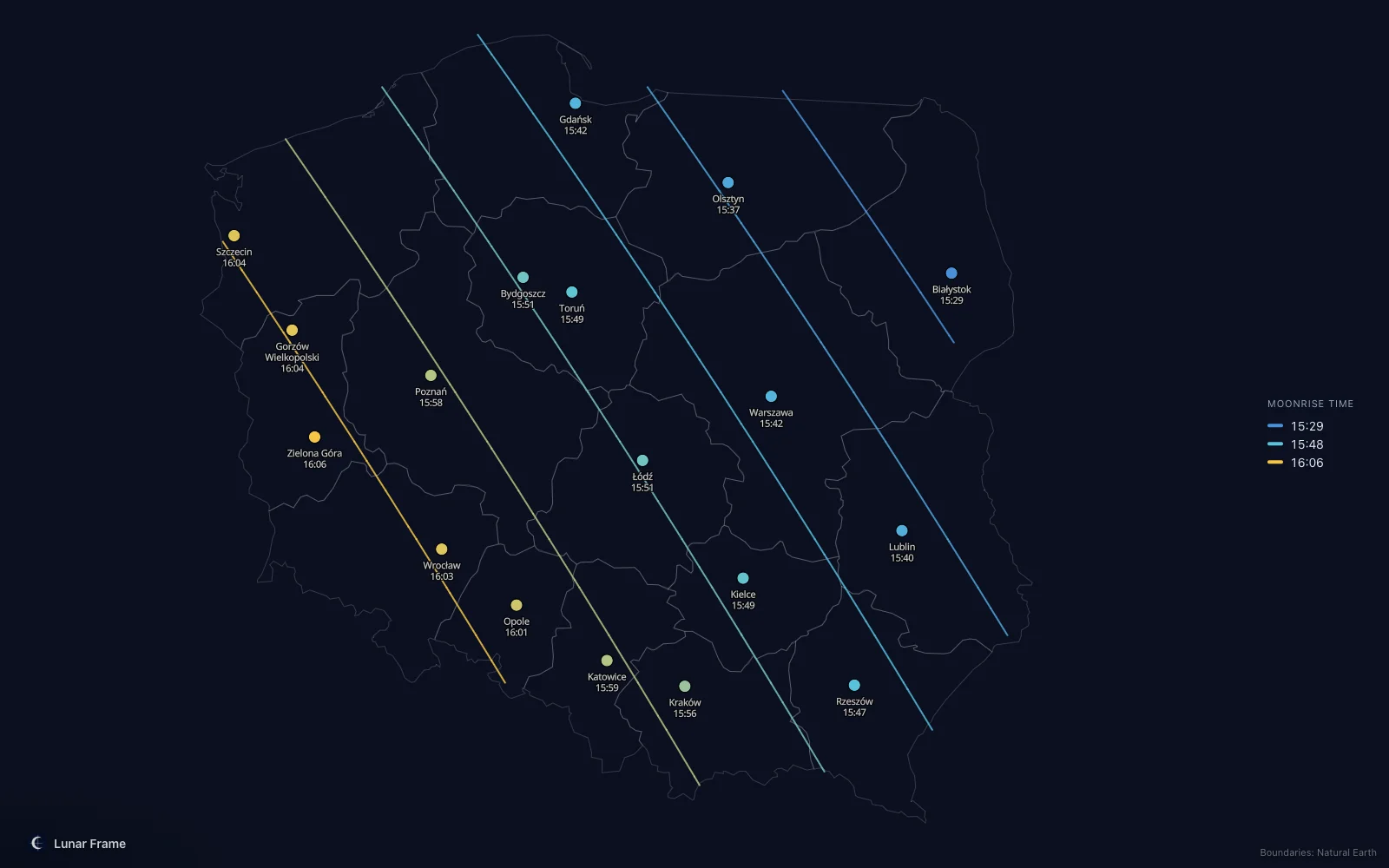 Map of moonrise times over Poland: Full moon on 28 December 2031