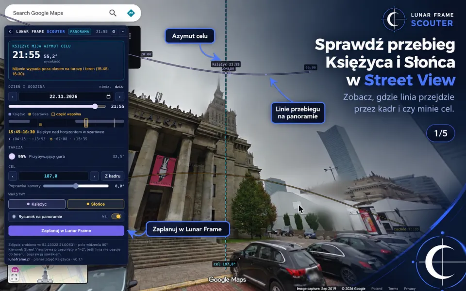 Scouter na panoramie Street View: przebieg Księżyca i Słońca nad Pałacem Kultury i azymut celu.