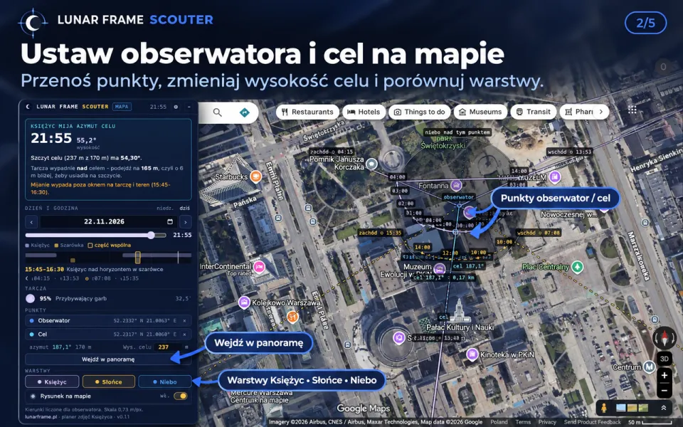 Scouter na Mapach Google: obserwator, cel i warstwy Księżyca, Słońca i nieba.