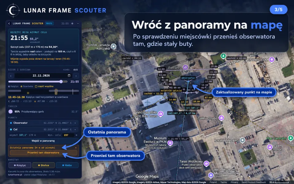 Powrót z panoramy na mapę: Scouter proponuje przeniesienie obserwatora tam, gdzie stały buty.