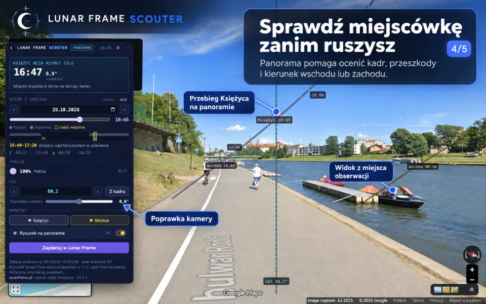 Podgląd miejscówki nad Wisłą: przebieg Księżyca i kierunek wschodu na panoramie.