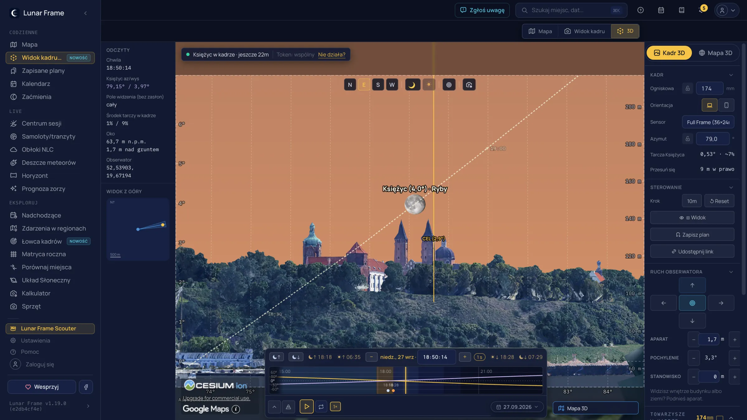Widok kadru 3D: katedra w Płocku na fotorealistycznej scenie i Księżyc wschodzący obok wież.