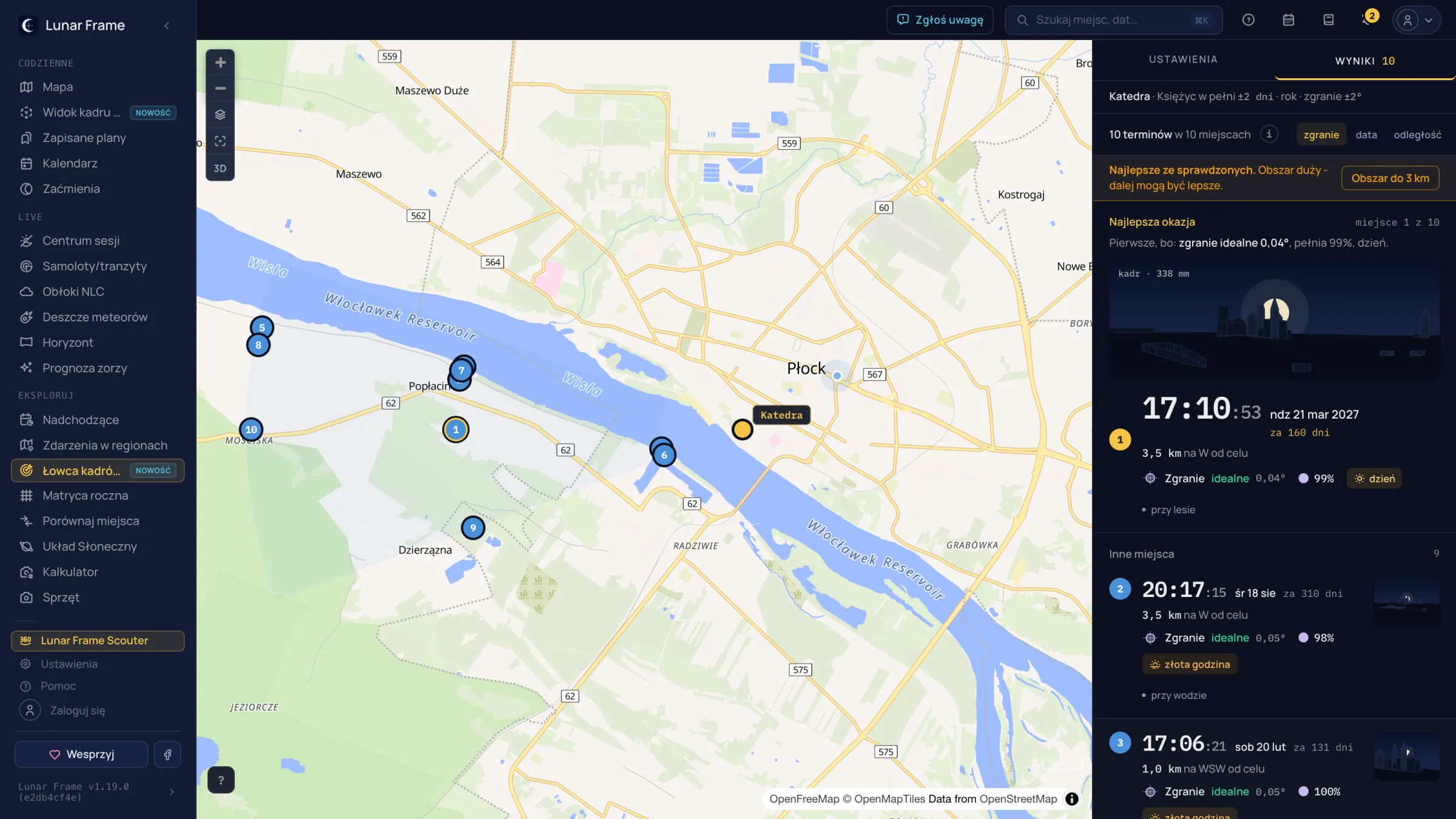 Łowca kadrów: mapa z ponumerowanymi miejscami wokół katedry i lista najlepszych terminów.