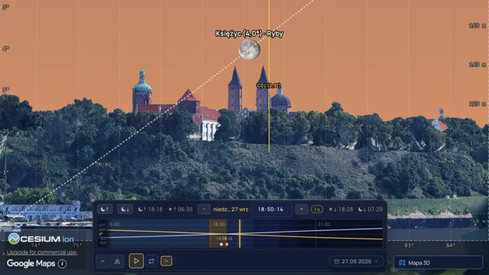 Lunar Frame - Widok kadru 3D: katedra w Płocku i Księżyc wschodzący obok jej wież.