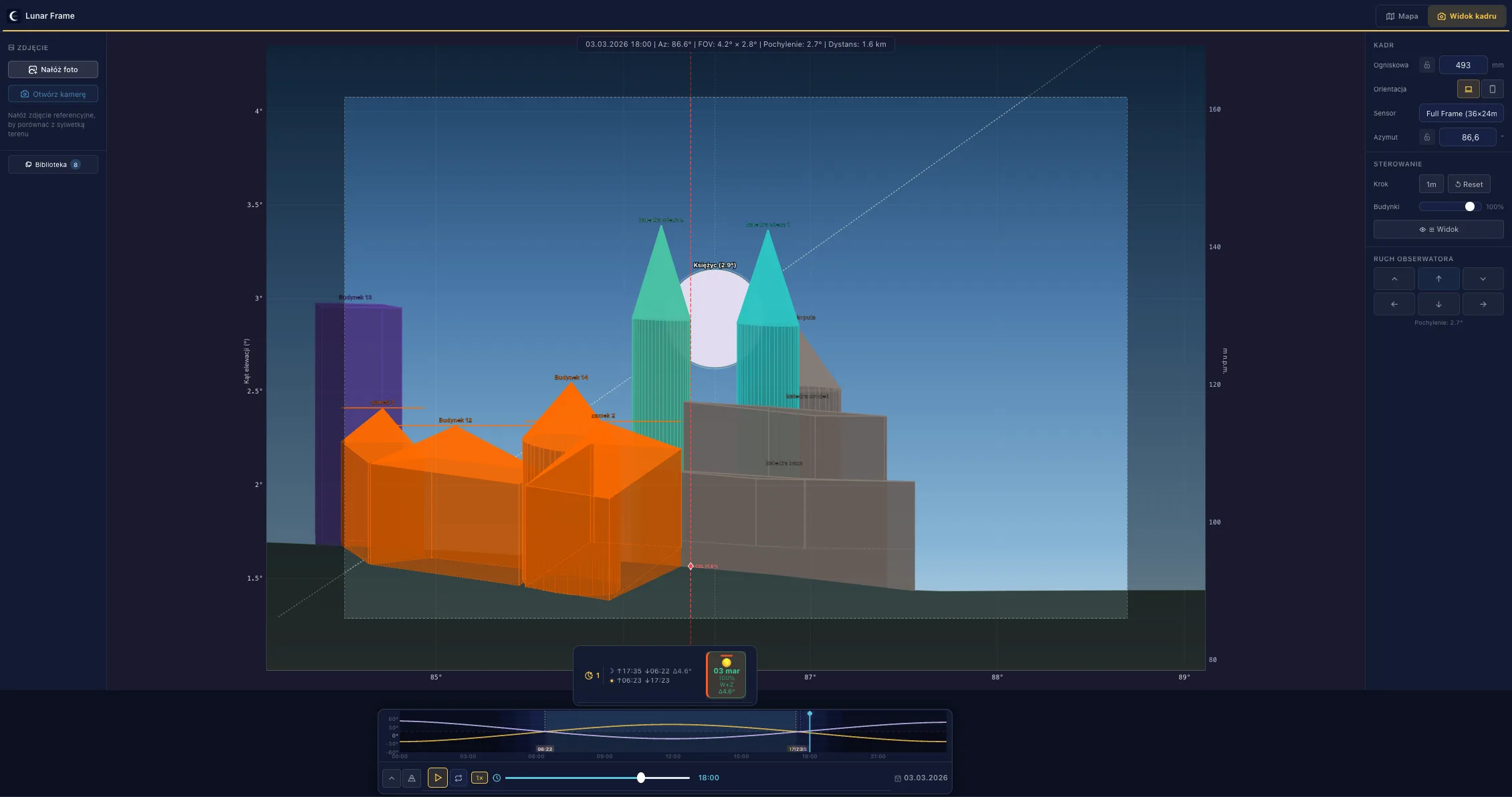 Screen z Lunar Frame dla 3 marca 2026 - mapa z liniami planowania.