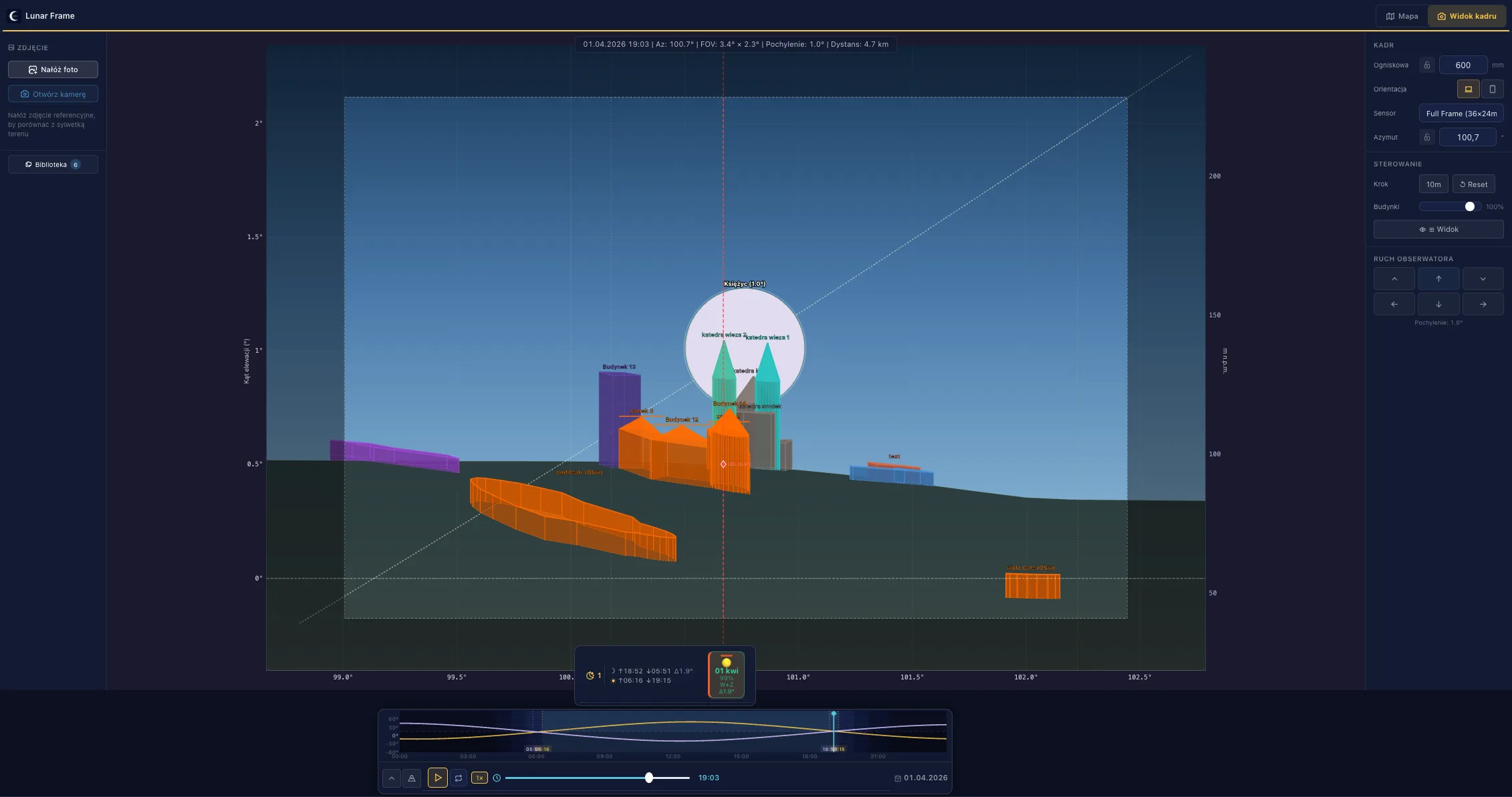 Screen z Lunar Frame dla 1 kwietnia 2026 z ustawieniem obserwatora i celu.