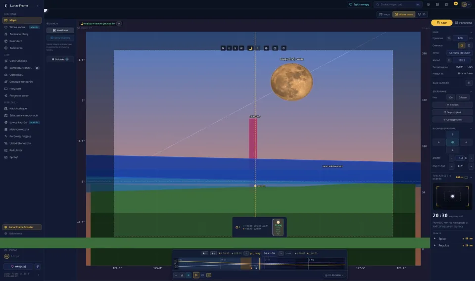 Widok kadru w Lunar Frame: pełnia nad pylonem mostu Solidarności, 1 maja 2026, ogniskowa 600 mm.