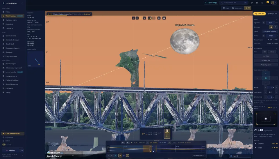 Widok kadru 3D w Lunar Frame: Księżyc nad kratownicą mostu, 29 czerwca 2026, ogniskowa 600 mm.